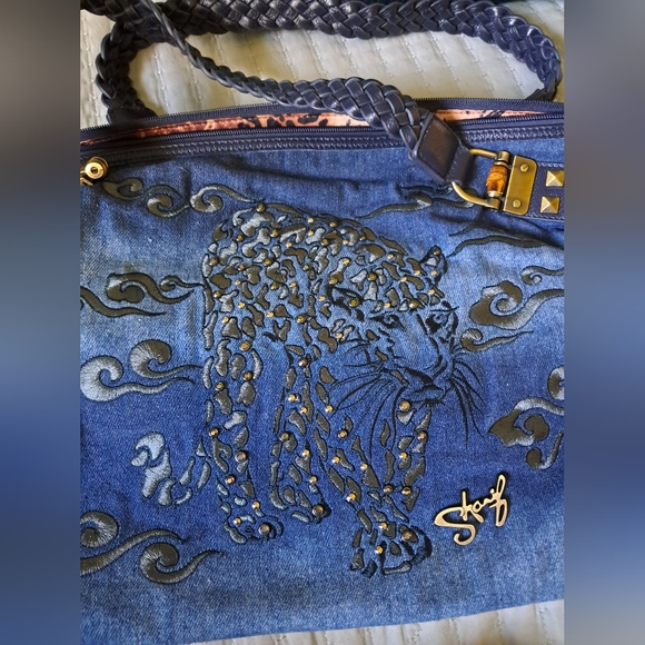 Rare Vintage Sharif Large Embroidered Denim Leather Jaguar Studded Shoulder Bag - Picture 14 of 14